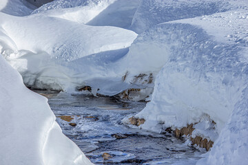 Snow melting on the river in the mountain