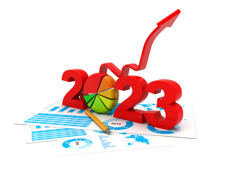 Happy new year 2023 with up arrow on white background, 2023 year with business objective target and goal for new year concept. Economic and financial growth in 2023. 3d rendering illustration.
