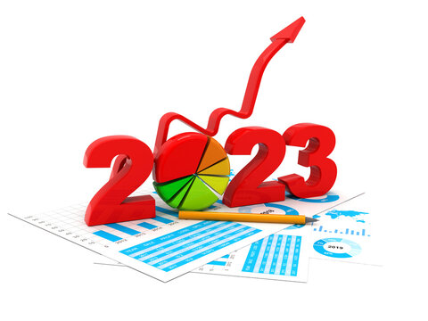 Happy new year 2023 with up arrow on white background, 2023 year with business objective target and goal for new year concept. Economic and financial growth in 2023. 3d rendering illustration.