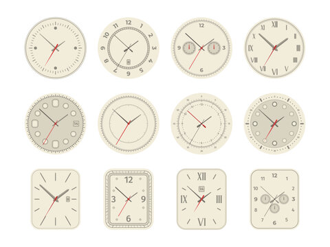 Analog clock dial. Mechanical watch face with arabic roman numerals second minute hand, wristwatch set with chronometer time day symbols. Vector collection of clock analog illustration