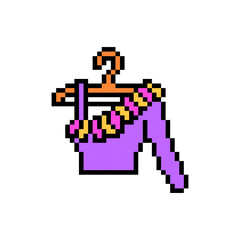 Obraz premium Pixel art symbol of purple one shoulder blouse on a hanger isolated on white background. Women's fashion clothes icon. Girl shirt. Retro vintage 90s, 80s 8 bit slot machine, 2d video game graphics.