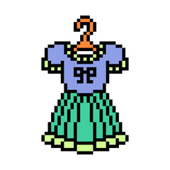 Pixel art symbol of blue and purple short sleeve dress with folds on a hanger isolated on white background. Women's fashion clothes icon. Retro vintage 90s, 80s 8 bit slot machine, video game graphics