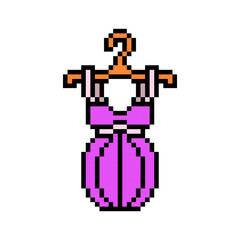 Pixel art symbol of pink spaghetti strap mini tulip dress on a hanger isolated on white background. Women's fashionable clothes icon. Retro vintage 90s, 80s 8 bit slot machine, 2d video game graphics.