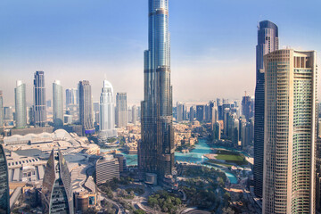 Burj Khalifa and Dubai city view at sunset. 2022