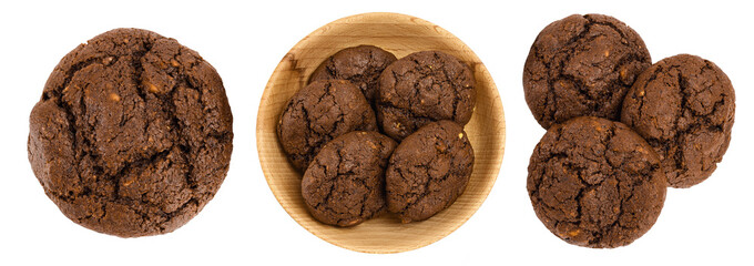 chocolate cookies in wooden bowl isolated on white background with full depth of field. Top view. Flat lay. Set or collection.