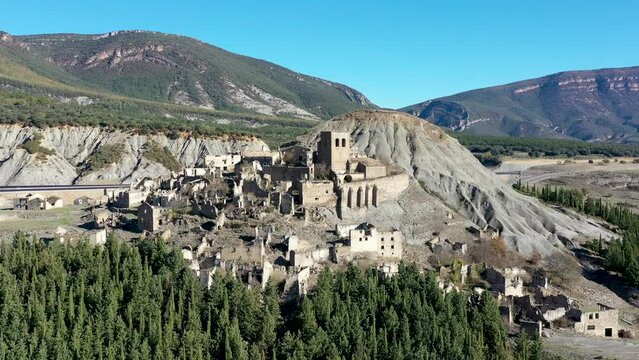 remains of the Romanesque church of San Miguel in Esco, an abandoned town in the province of Zaragoza Spain