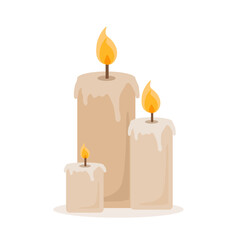 Wax candle isolated on white background. Candle burning, vector illustration.