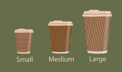Vector set of different take away coffee. Paper cup size chart: small, medium, large. Coffee to go. Take away. Bar menu