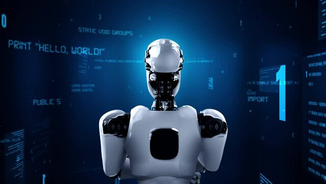 Futuristic robot artificial intelligence huminoid AI programming coding technology development and machine learning concept. Robotic bionic science research for future of human life. 3D rendering.