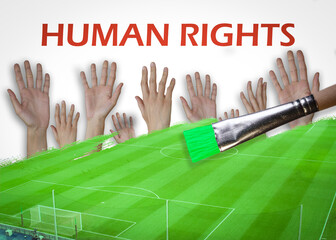 brush painting and showing a football pitch over a human rights message