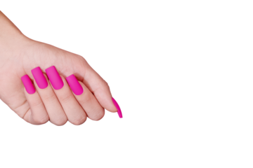 Female hand with pink nail design. Mate pink nail polish manicure. Female model hand with perfect pink manicure on transparent background. PNG file. Copy space. Place for text.