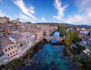 Valderrobres village with its bridge and castle at sunset in Teruel, Spain.