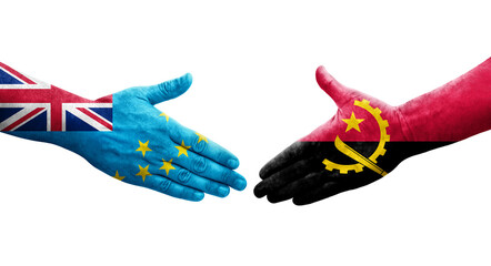 Handshake between Tuvalu and Angola flags painted on hands, isolated transparent image.