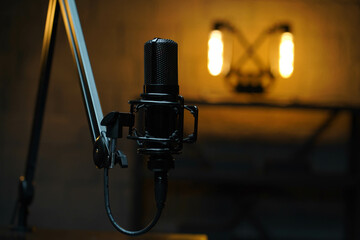 Studio microphone for recording podcasts close-up. Recording studio.