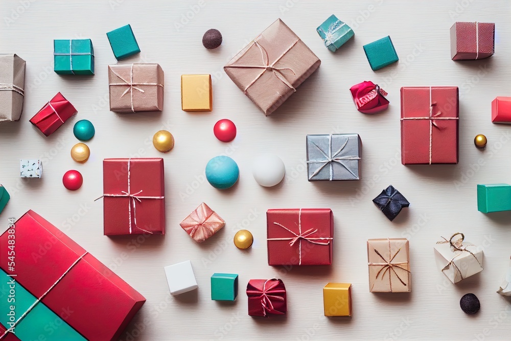 Poster a table topped with lots of different wrapped presents and balls of different colors and sizes of wr