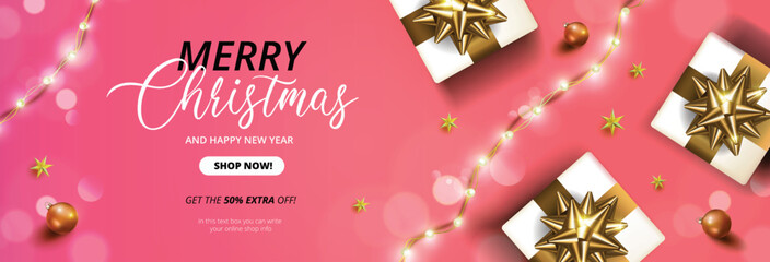 Fototapeta na wymiar Merry Christmas and Happy New Year Promotion Poster or banner with white gift box and LED String lights for Retail, Shopping or Christmas Promotion web. 