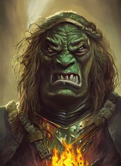 angry orc ogre fire mage concept portrait fantasy fiction character, digital illustration	
