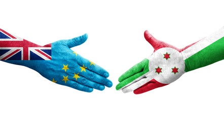 Handshake between Tuvalu and Burundi flags painted on hands, isolated transparent image.