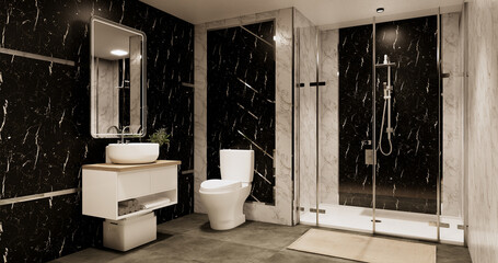 Granite Tiles white and black wall design Toilet, room modern style. 3D illustration rendering