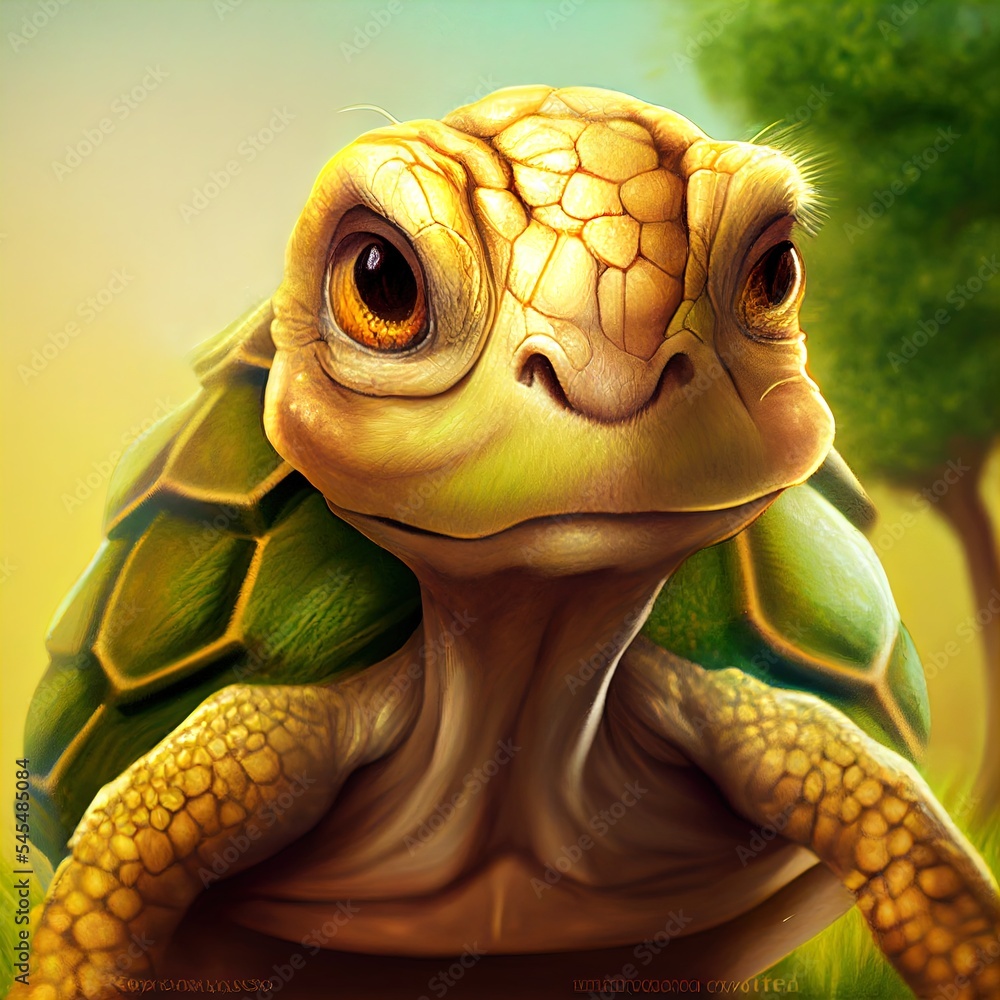 Poster a close up of a turtle with a tree in the background and a sky background behind it. generative ai