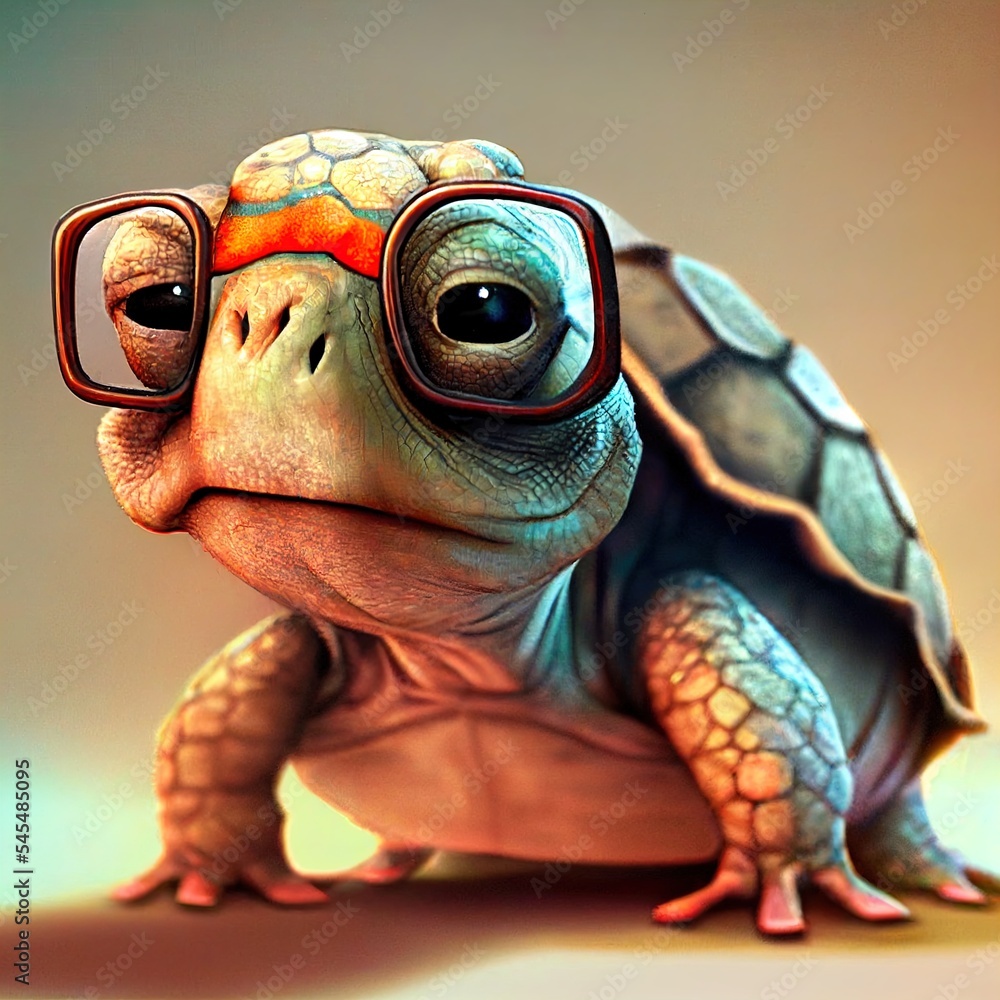 Poster a turtle with glasses on its head and a turtle with a red eye patch on its head and a turtle with a 