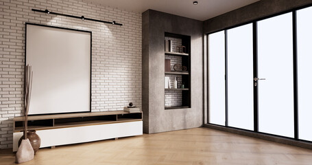 Tv cabinet in loft interior room minimal designs, 3d rendering