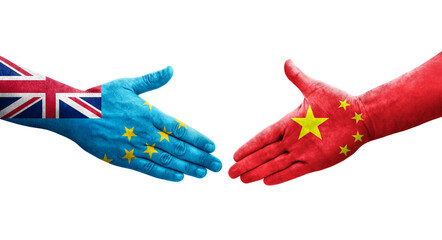 Handshake between Tuvalu and China flags painted on hands, isolated transparent image.
