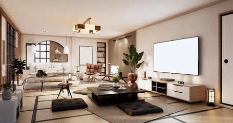 Minimalist wabi sabi interior mock up design, room muji sytle. 3D rendering.