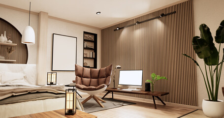 Minimalist wabi sabi interior mock up design, room muji sytle. 3D rendering.