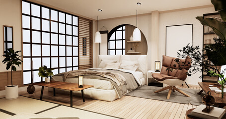Minimalist wabi sabi interior mock up design, room muji sytle. 3D rendering.