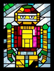 A multicolor stained glass window depicting a robot, abstract digital art painting
