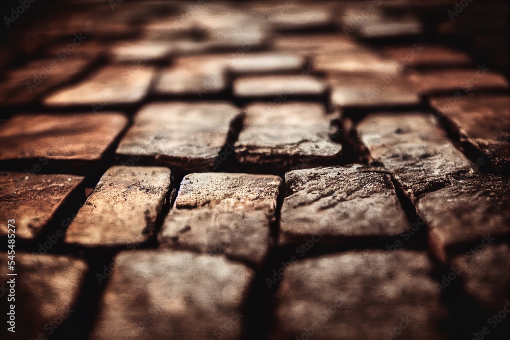 Poster a close up of a brick sidewalk with a brown color scheme and a black background with a small amount 