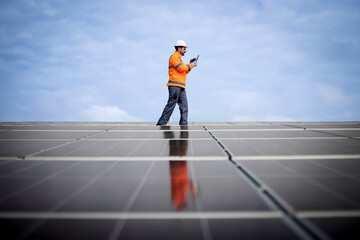 Renewable energy sources and solar engineer checking photovoltaic panels and electricity production.