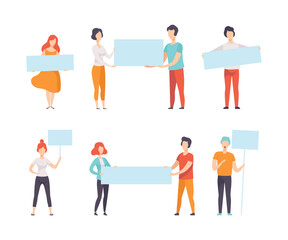 Fototapeta premium People Characters Holding Blank Placard and Signboard Advertising and Announcing Vector Set
