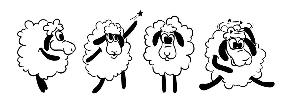 Funny doodle sheeps for design, isolated, white background