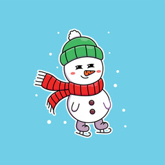 Cute cartoon snowman ice skating in vector illustration. Isolated character vector. Flat cartoon style
