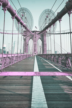 Abstract colors toned picture of the Brooklyn Bridge, New York City, USA.