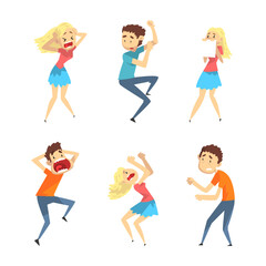 Fototapeta premium Scared and Panicking People Characters Afraid of Something Vector Set