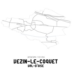 VEZIN-LE-COQUET Val-d'Oise. Minimalistic street map with black and white lines.