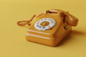 Side view of a yellow retro telephone with a dial of numbers. Concept of using retro items, back to the past. 3d render, 3d illustration