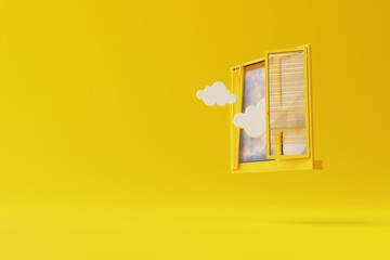 Fototapeta na wymiar An isolated window on a yellow background with outgoing clouds and sky as a look. Concept of looking at the world. 3d render