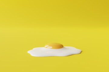 Fried egg on a yellow background. Concept of making egg frying, cooking. 3d render.