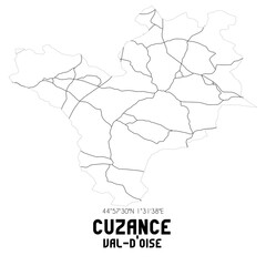 CUZANCE Val-d'Oise. Minimalistic street map with black and white lines.