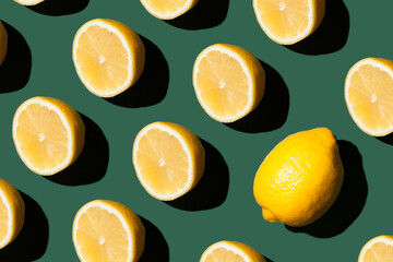 ripe juicy yellow lemons pattern on a green background