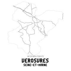 VEROSVRES Seine-et-Marne. Minimalistic street map with black and white lines.