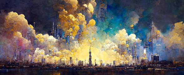 Abstract painting concept. Colorful art in golden tones with skyscrapers. Cityscape. Digital art image. - obrazy, fototapety, plakaty