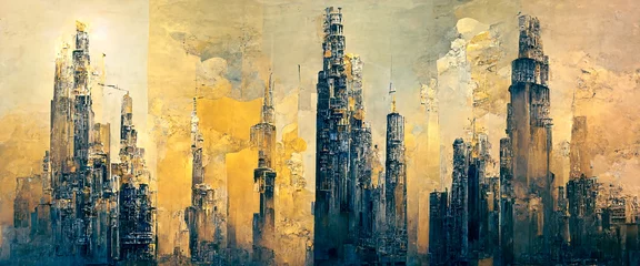 Deurstickers Abstract painting concept. Colorful art in golden tones with skyscrapers. Cityscape. Digital art image. © PhotoGranary