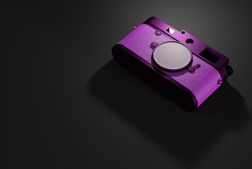 Retro photo camera on a dark background. The concept of taking pictures, classic photo camera, analog. 3D render; 3D illustration.