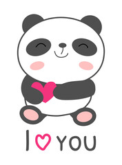 I Love you Cute kawaii panda bear with heart. Greeting card, print, tee, postcard for Valentines day Vector illustration