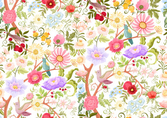 Fototapeta premium Fantasy flowers and birds in retro, vintage, jacobean embroidery style. Millefleurs seamless pattern, background. Vector illustration. Multicolor.